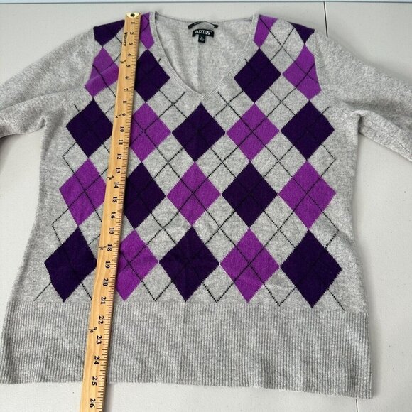 Apt 9 Cashmere Sweater Size XL Argyle Gray Purple V-Neck - Picture 6 of 10